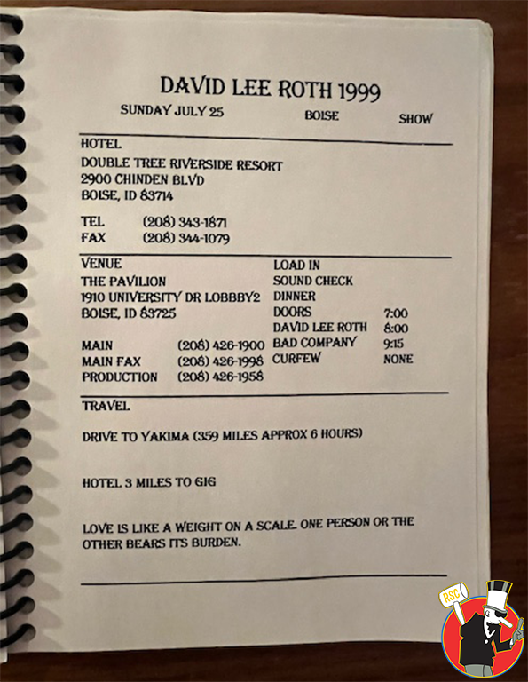 David Lee Roth "The World" Tour Itinerary and Setlists w/ DLR Art 1999