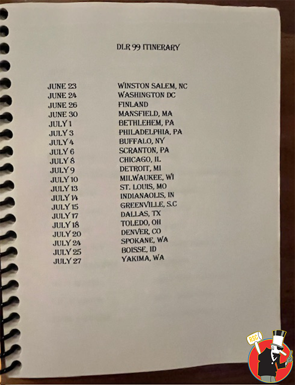 David Lee Roth "The World" Tour Itinerary and Setlists w/ DLR Art 1999