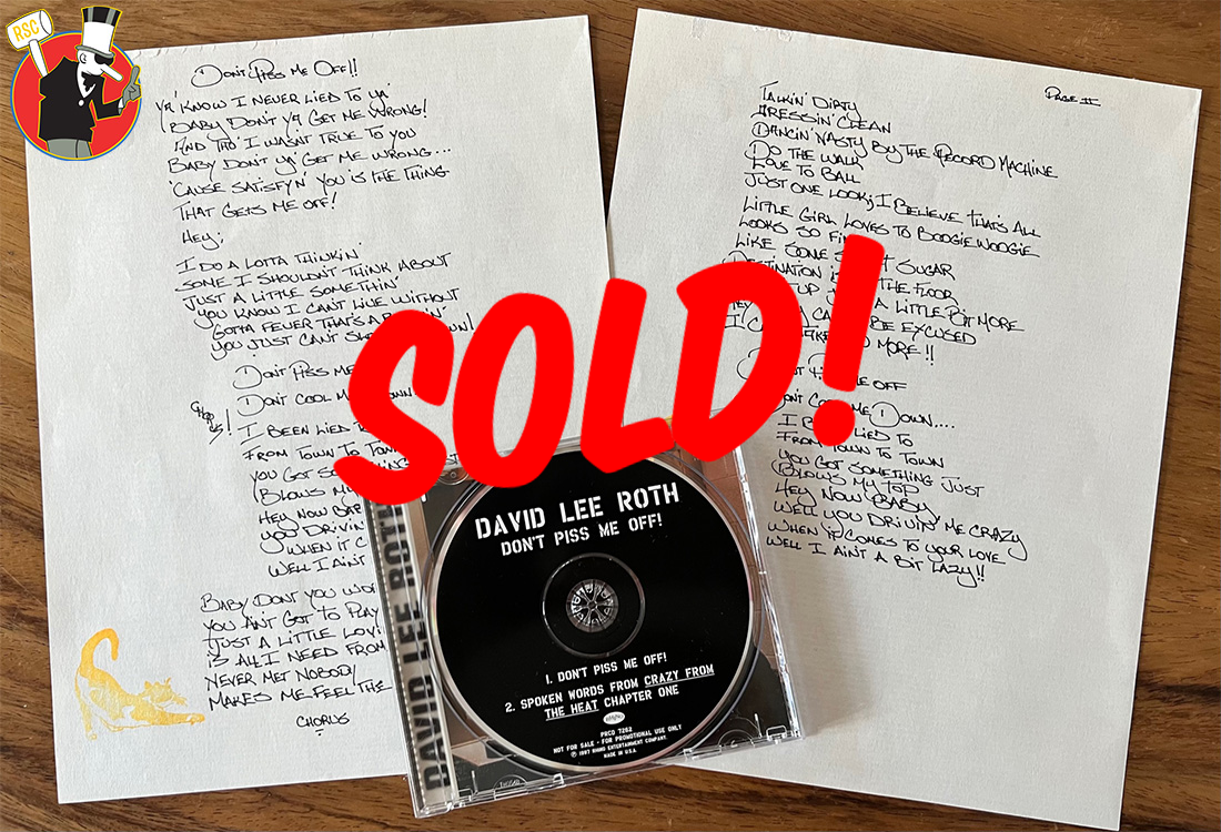 SOLD! David Lee Roth Hand Written Lyrics "Don't Piss Me Off" Rare One of Kind 1997 w/ CD